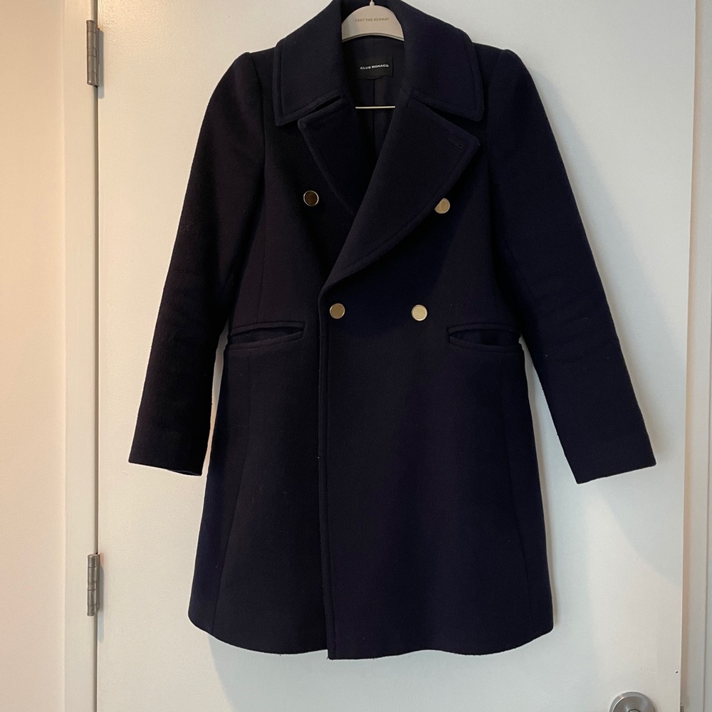 Club Monaco Wool Navy Pea Coat w Military Detail